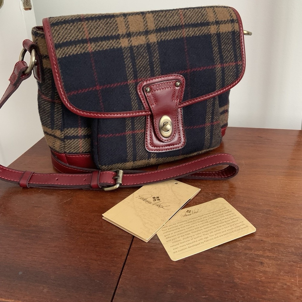 Patricia Nash Jackson Navy Blue Tartan Plaid Wool w Red Leather Purse Crossbody